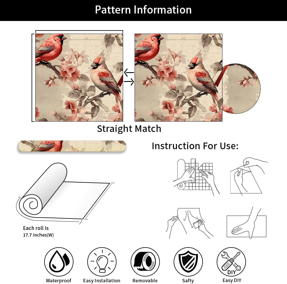 Boho Vintage Classical red Brown Birds Floral Peel and Stick Wallpaper Easy Peel Off Contact Paper Stick on Adhesive Wall Paper for Bathroom Waterproof Renter Friendly