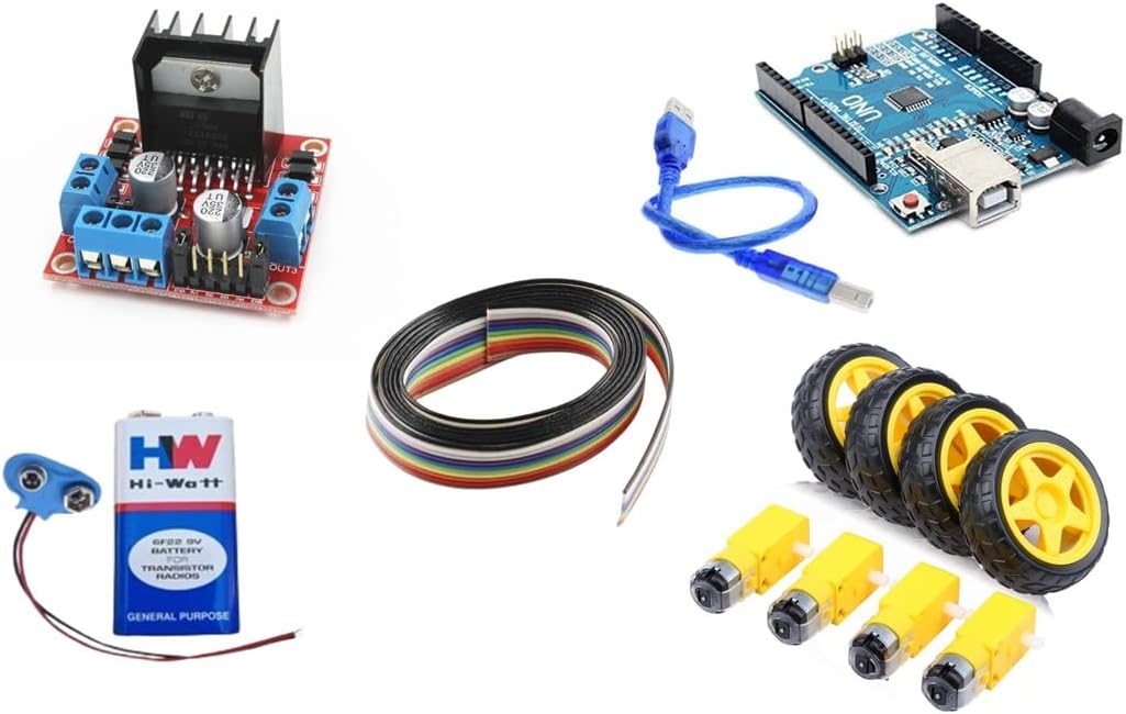 UNO R3 Kit Combo Compatible with Arduino IDE | UNO R3 SMD Board with USB Cable, L298 Motor Driver, 4pc Dual Shaft BO Motor with Robot Wheel, 9V Battery with Connector,1m Rainbow Wire