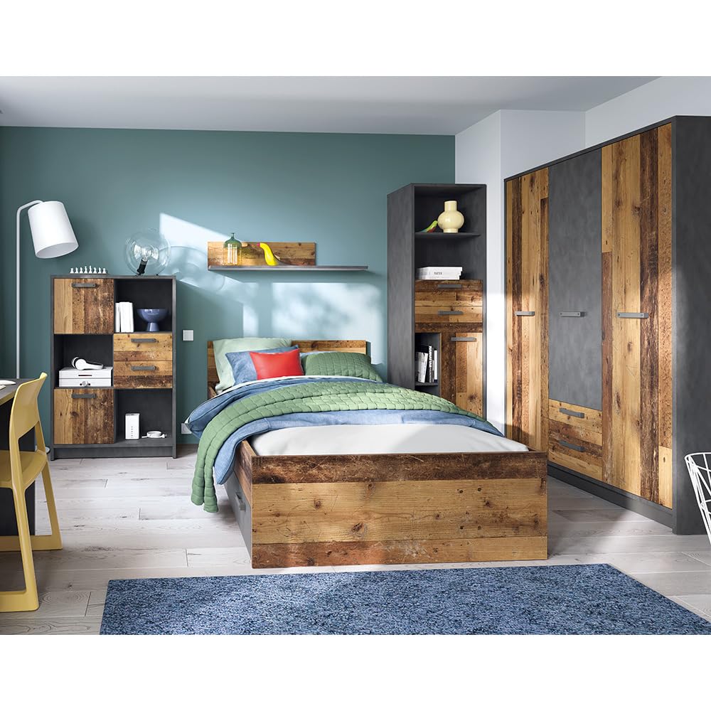 Lomadox Jugendzimmer Komplett-Set mit Bett 120x200, in grau mit Holz, Kleiderschrank 3-türig, Regal, Bücherregal, Doppelbett, Schreibtisch, Studentenzimmer, Kinderzimmer