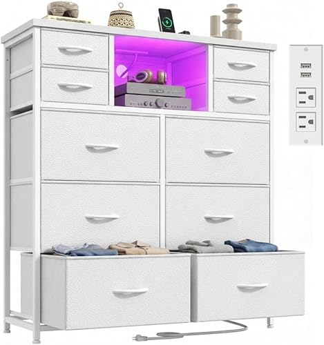 Cómoda blanca para dormitorio con 10 cajones de tela, unidad organizadora con luz LED y estación de carga, cómoda resistente con 2 estantes abiertos