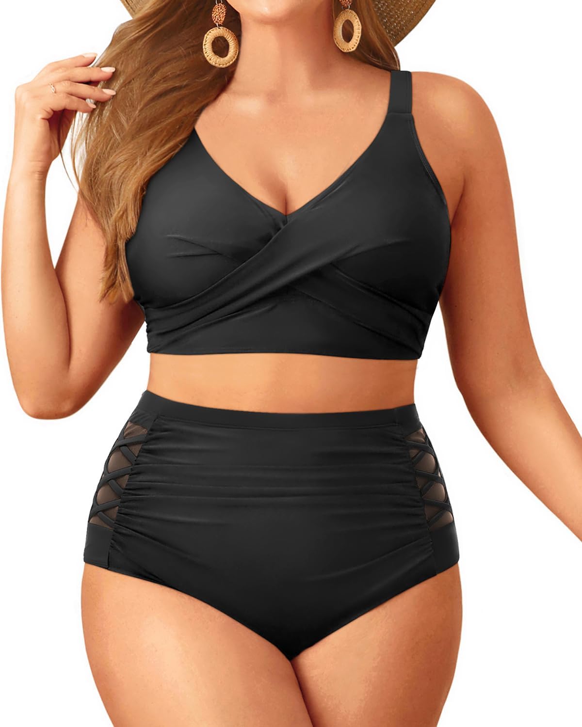 Plus Size Two Piece Swimsuit - High Waisted Bikini Set Tummy Control Bathing Suits for Women
