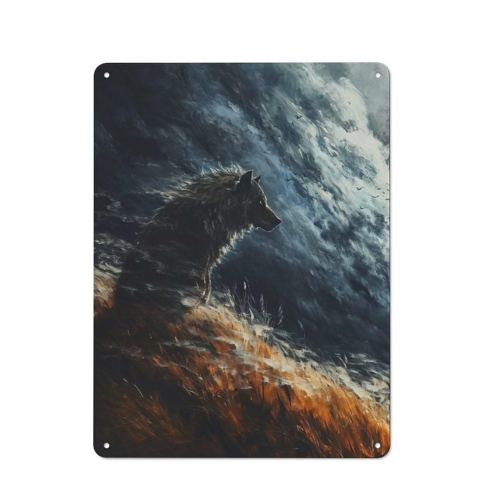 Junmoney Wolf In Stormy Sky Rustic Metal Plaque 40X30cm For Lounge Or Reading Corner, For Home Office, Studio And Craft Room Walls