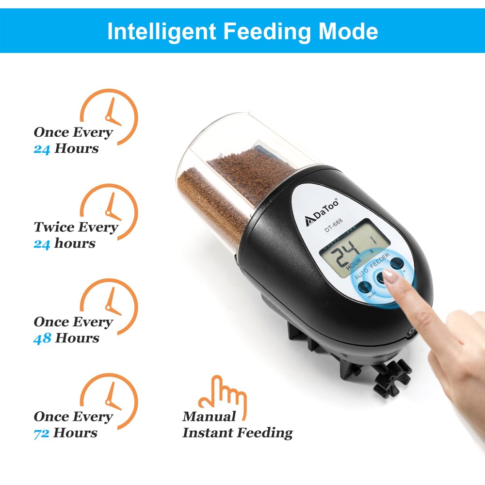 Diagram showing the four intelligent feeding modes and manual feeding option for the DaToo fish feeder.