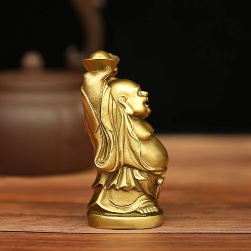 Miniatura 4 de BRASSTAR Adorno de latón Feng Shui Estatua de Buda riendo sosteniendo lingote bolsa de dinero para oficina en casa Figura decorativa Atrae riqueza