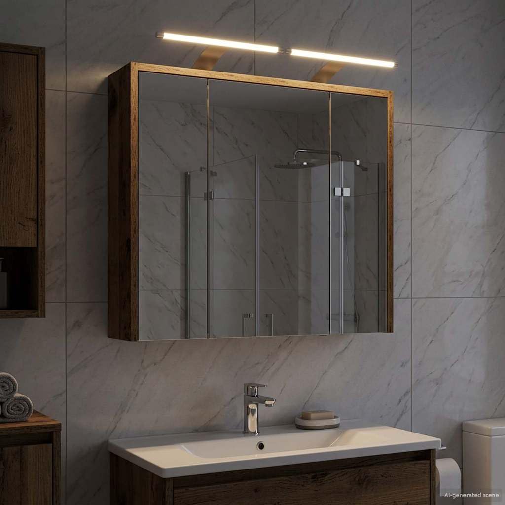 Szafka łazienkowa z lustrem stare drewno, 63,5 x 16 x 62,5 cm, materiał drewnopochodny z paskami LED, regulowane regały, montowane na ścianie, miejsce do przechowywania, dwustronne lustro do
