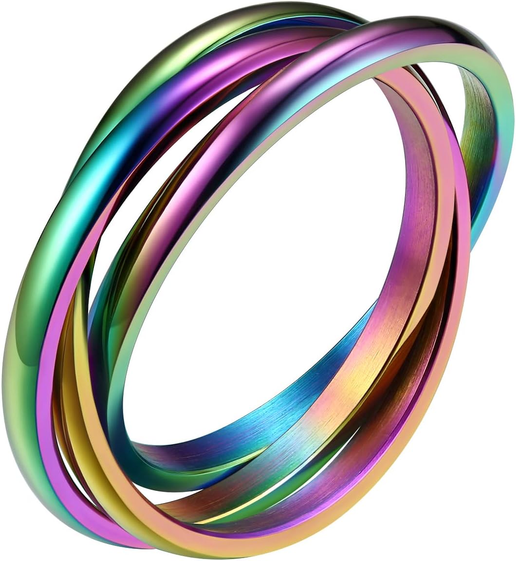 FindChicTriple Band Rings Interlocked Rolling Rings for Women Girls Stainless Steel/Gold/Rose Gold Plated/Tri-color/Black Russian Wedding Band Size 4 to 12, with Gift Box