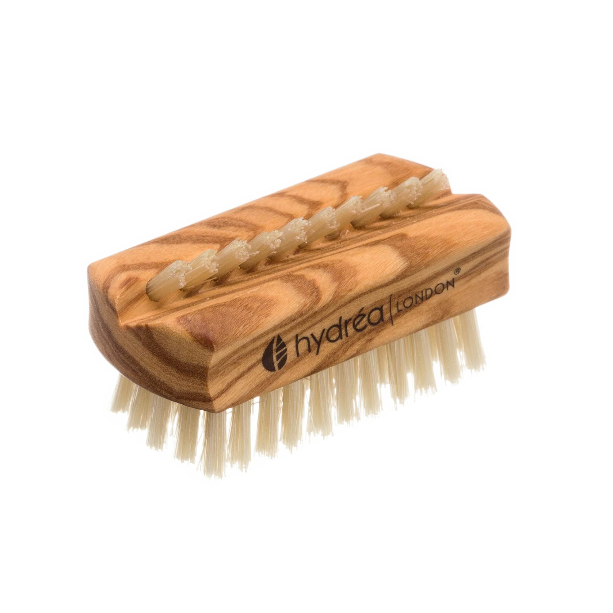Hydréa London Olive Wood Dual Sided Nail Brush. Travel Size. 6cm. Natural Bristle to effectively clean hands and nails.