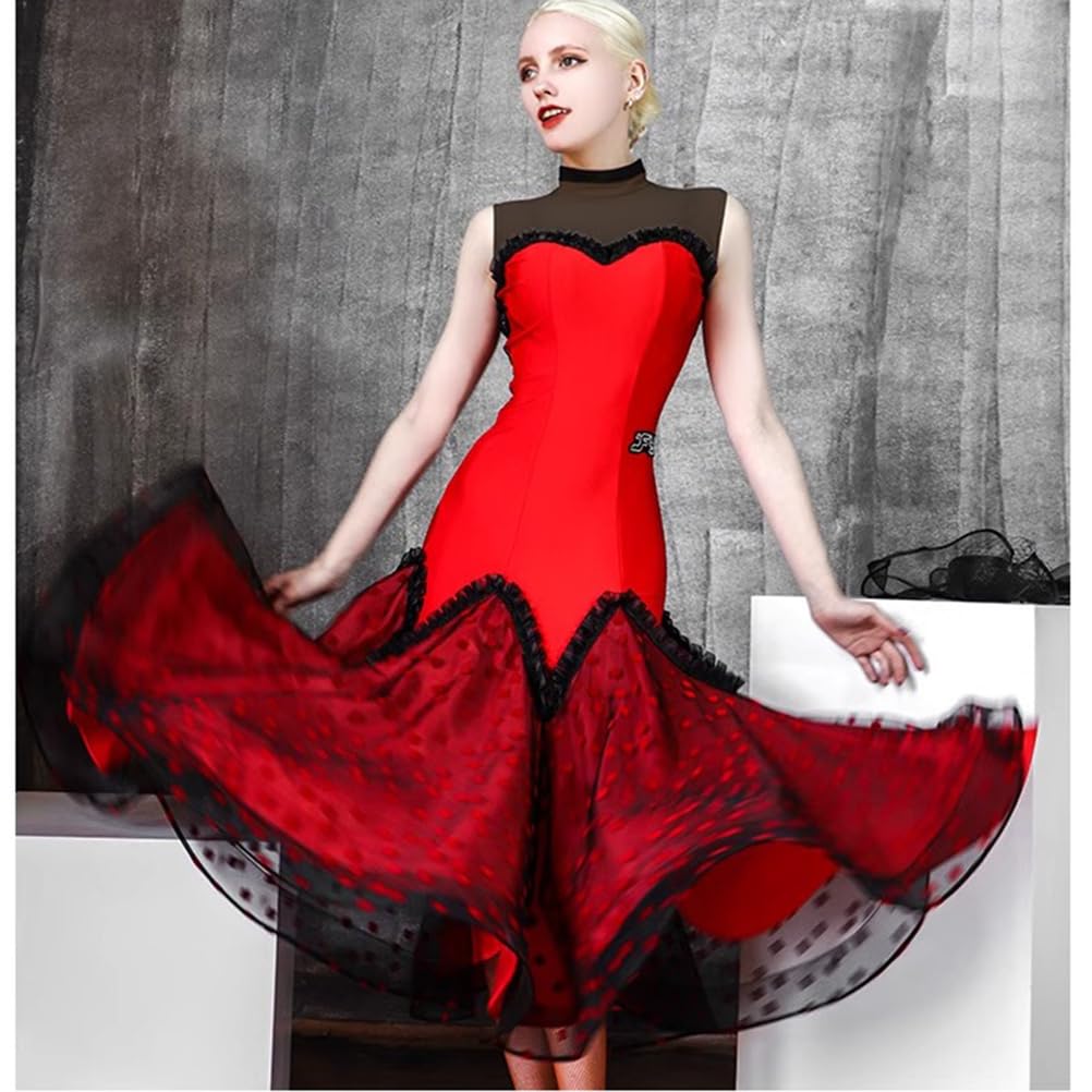 purpleq Vestido de Baile estándar Nacional para Mujeres, Vestido Rojo de salón, Waltz Moderno, Flamenco, Malla de Espina de pez, Falda de Gran Vuelo