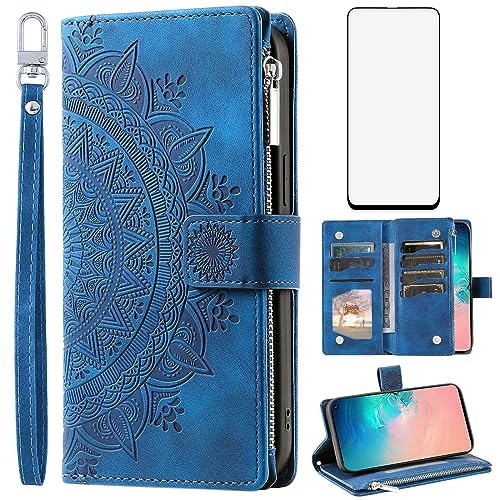Image of Asuwish Phone Case for Samsung Galaxy S10e Wallet Cover With Tempered Glass Screen Protector and Wrist Strap Mandala Flower Flip Zipper Credit Card Holder Slot Cell S 10e 10se Se10 Women Men Blue