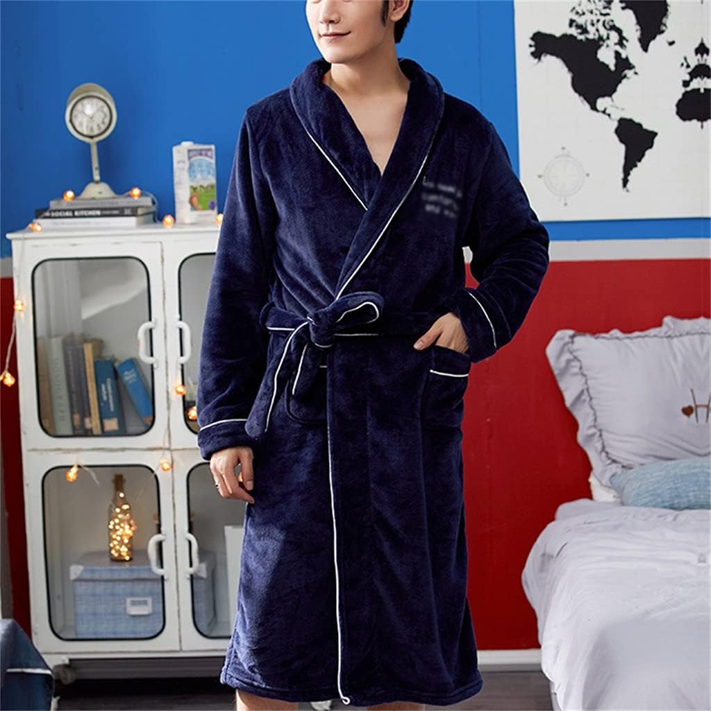 Bathrobe Men's Autumn and Winter Leisure Loose Lengthened Thickened Warm Bathrobe Night Gown Home Service(3XL code)
