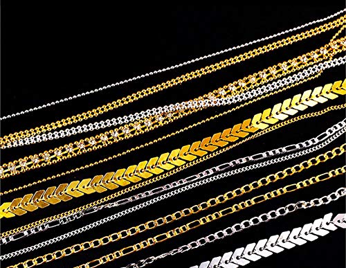 Nail Chains 3D Nail Art Supplies Glitter Nail Decorations Gold Silver Nail Charms 6 Strips Metal Nails Accessories Chain Punk Beads Studs Nail Designs for Women DIY Manicure Tips Decor (Gold)
