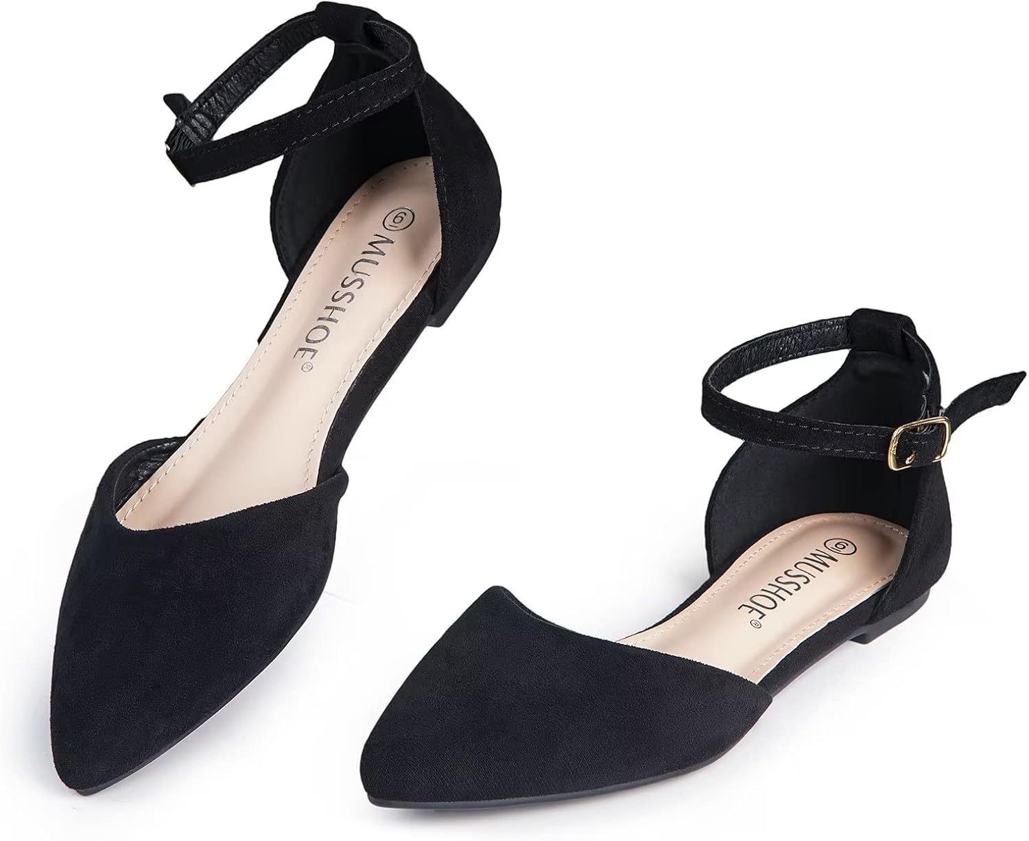 MUSSHOE Flat Shoes Women D'Orsay Pointed Toe Ankle Strap Women's Flats 9 Black Suede-242