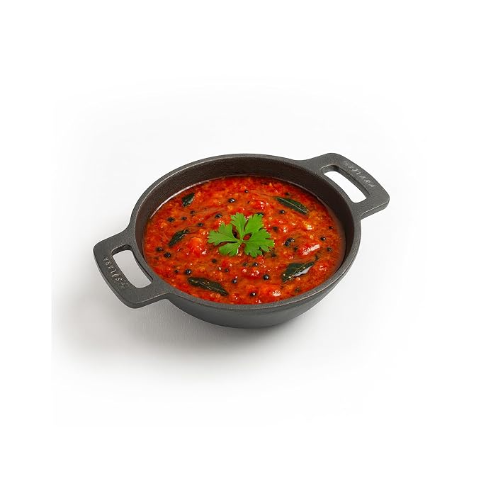 SOLARA Pre Seasoned Cast Iron Kadhai 7 Inch(17 CM), Ready to Use Deep Frying Kadhai, Naturally Nonstick Cast Iron Kadai with Flat Handles, 1 LTR, 100% Pure and Toxin-Free, No Chemical Coating