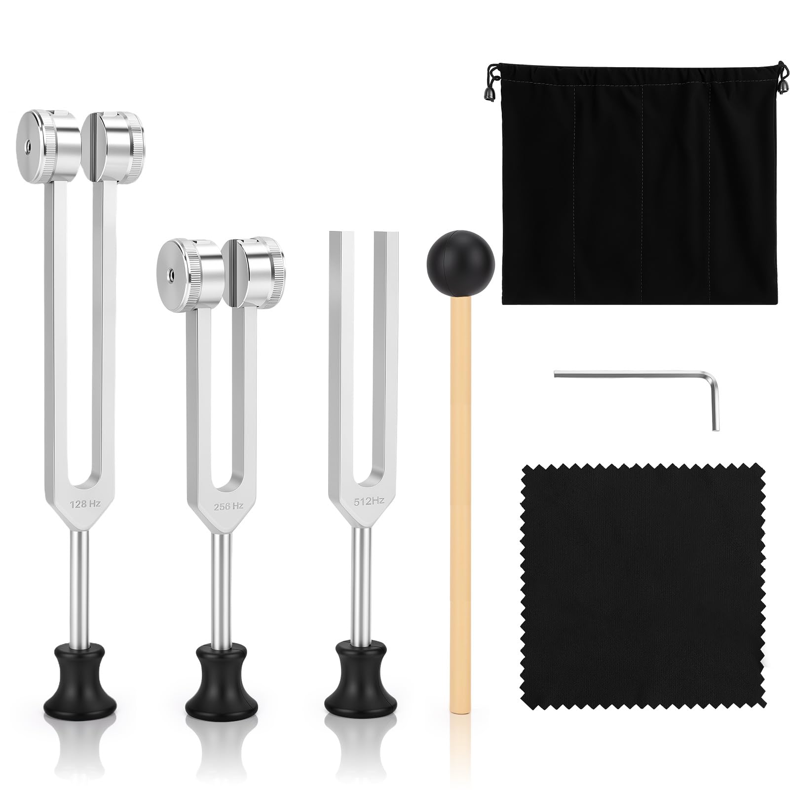 Juego de diapasón de precisión 128 Hz, 256 Hz, 512 Hz, aleación de aluminio profesional para terapia de sonido y meditación y curación de chakras, mazo de silicona, bolsa de almacenamiento, yoga