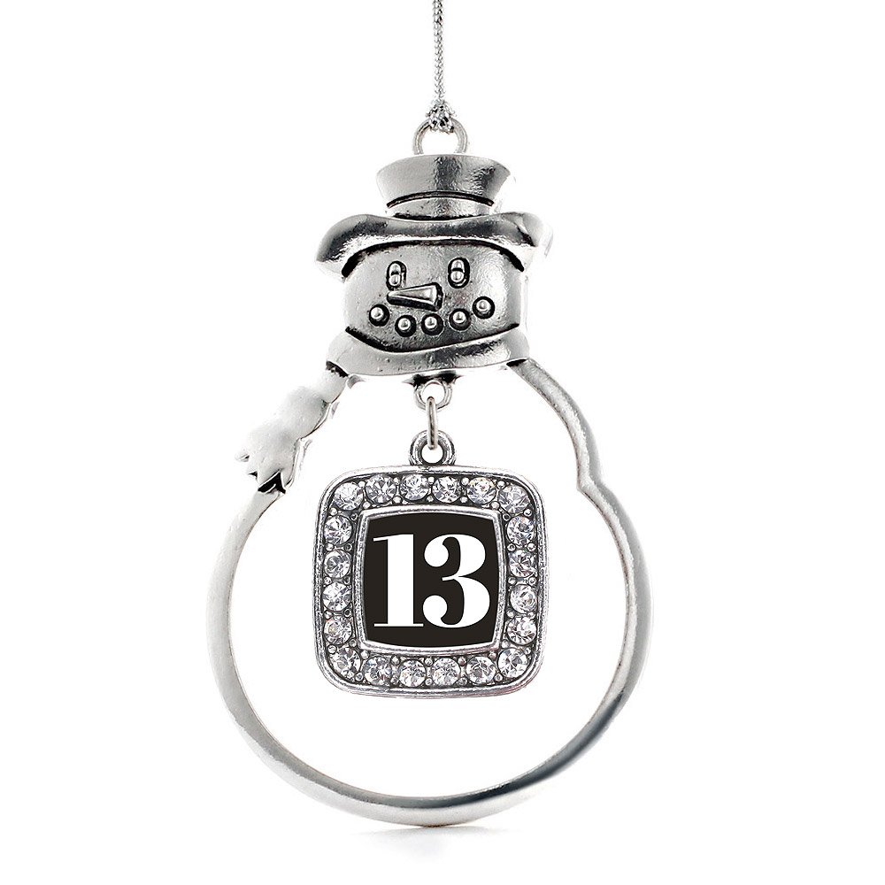 Inspired Silver - Sport Number 13 - Silver Christmas Ornament - Square Charm Christmas Tree Ornament with Cubic Zirconia - Snowman Hanging Decoration