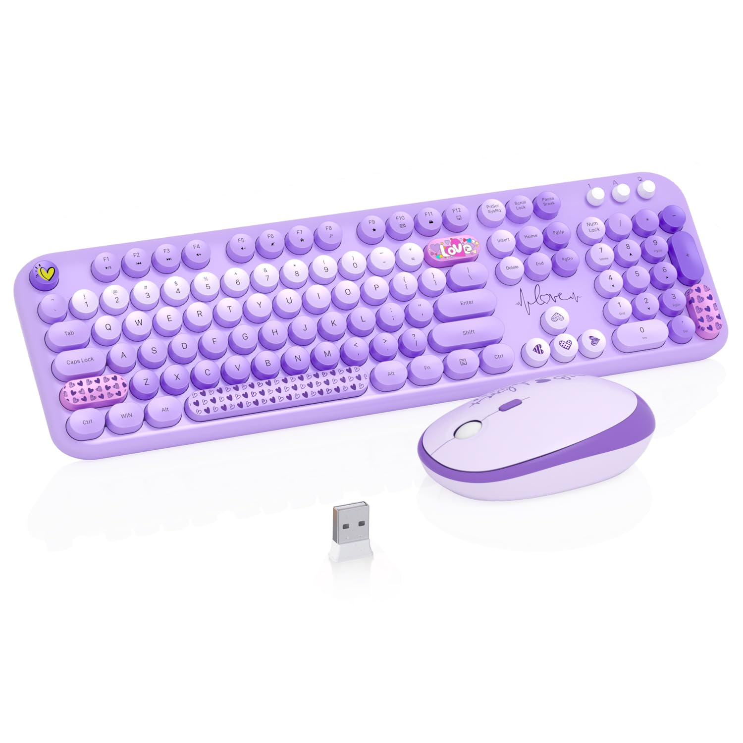 Wireless Keyboard and Mouse Combo, 104 Keys Cute Colorful Keyboard and Mouse with Retro Typewriter for PC/Mac/Laptop/Tablet/Computer/Windows Microsoft, Purple