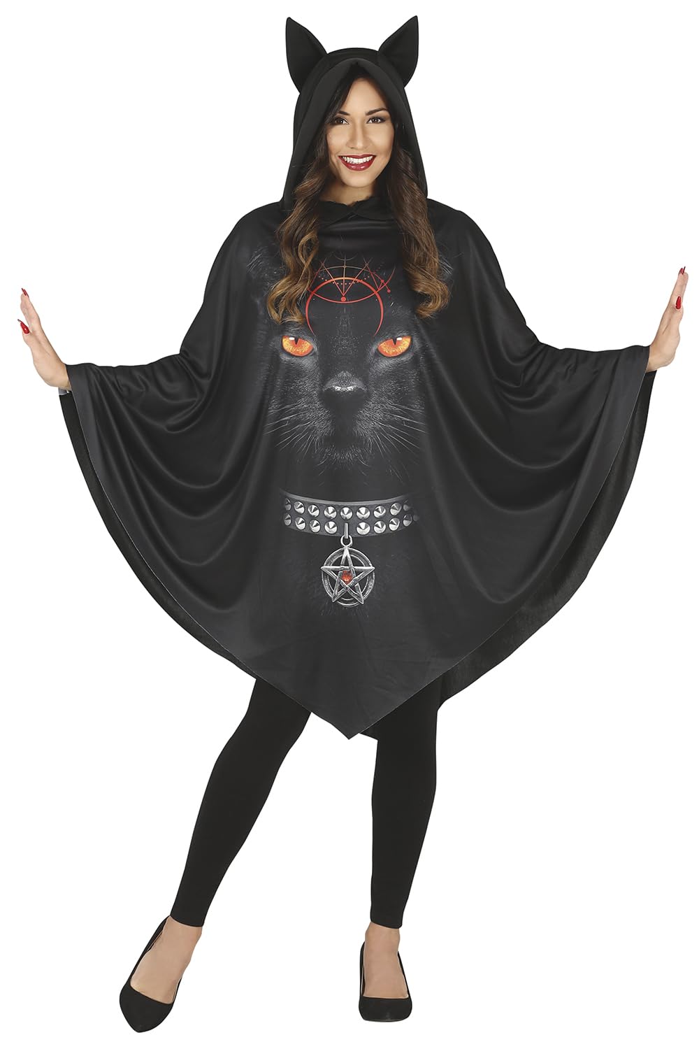 FIESTAS GUIRCA Black Poncho with Witch Black Cat Print Fancy Dress Costume Adult Woman Size FALSE One Size