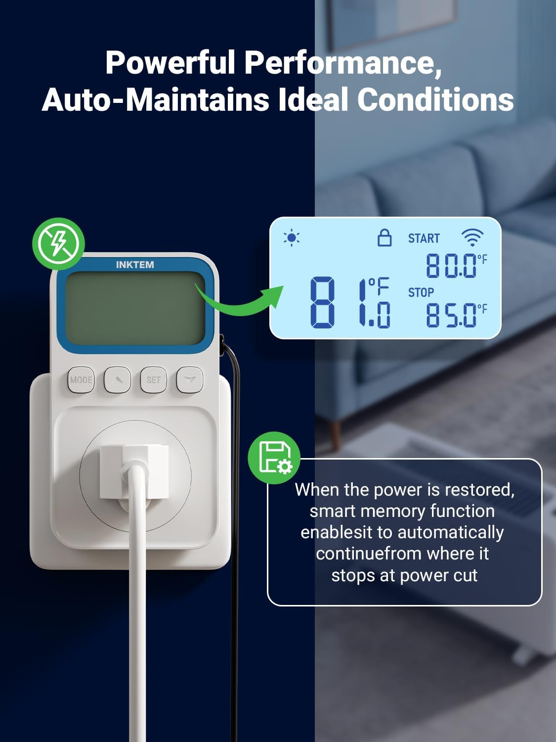 WiFi Plug in Thermostat Outlet, Temperature Controlled Outlet Space Heater, Duration Timer & Smart Memory Digital Temp Controller -40~212℉, IP67 Waterproof Probe for Incubator Homebrew Reptile