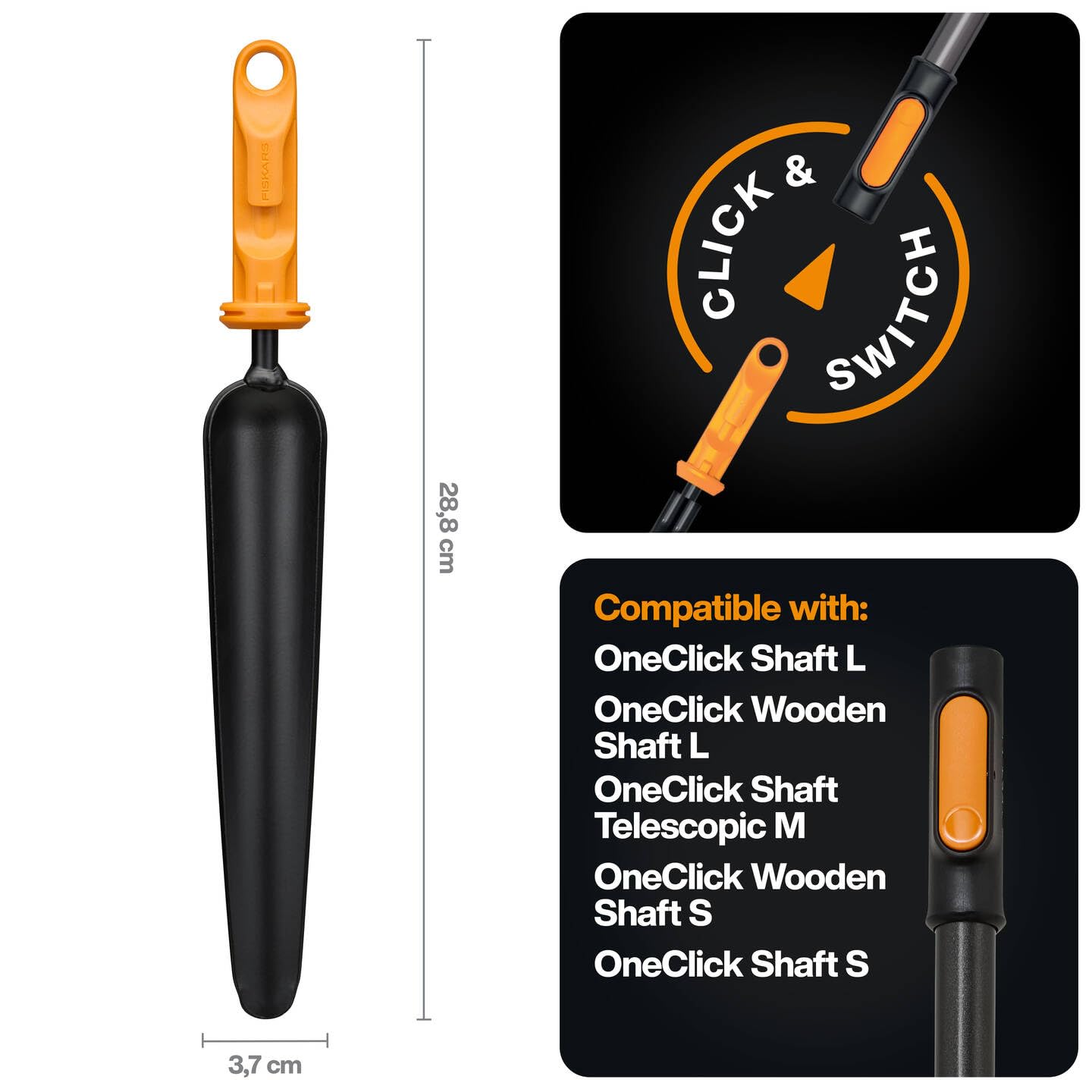 Fiskars Oneclick Estirpatore di Erbacce, Testa in Acciaio al Boro, Nero/Arancione