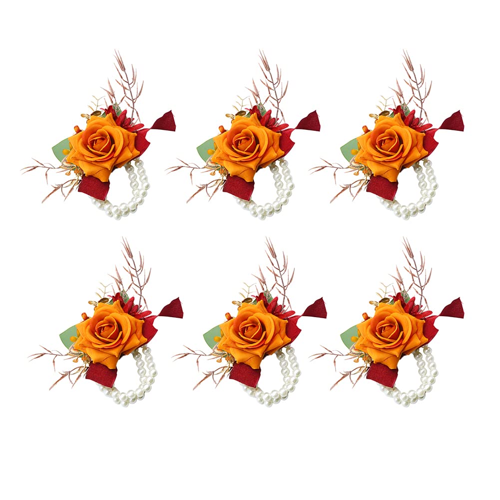Ansofi Girls 6Pcs Burnt Orange Wrist Corsage Burnt Orange Wrist Corsage Set Of 6 For Wedding, Prom, Party - Artificial Flower Bracelets, Homecoming Wristlet For Bride, Bridesmaid,