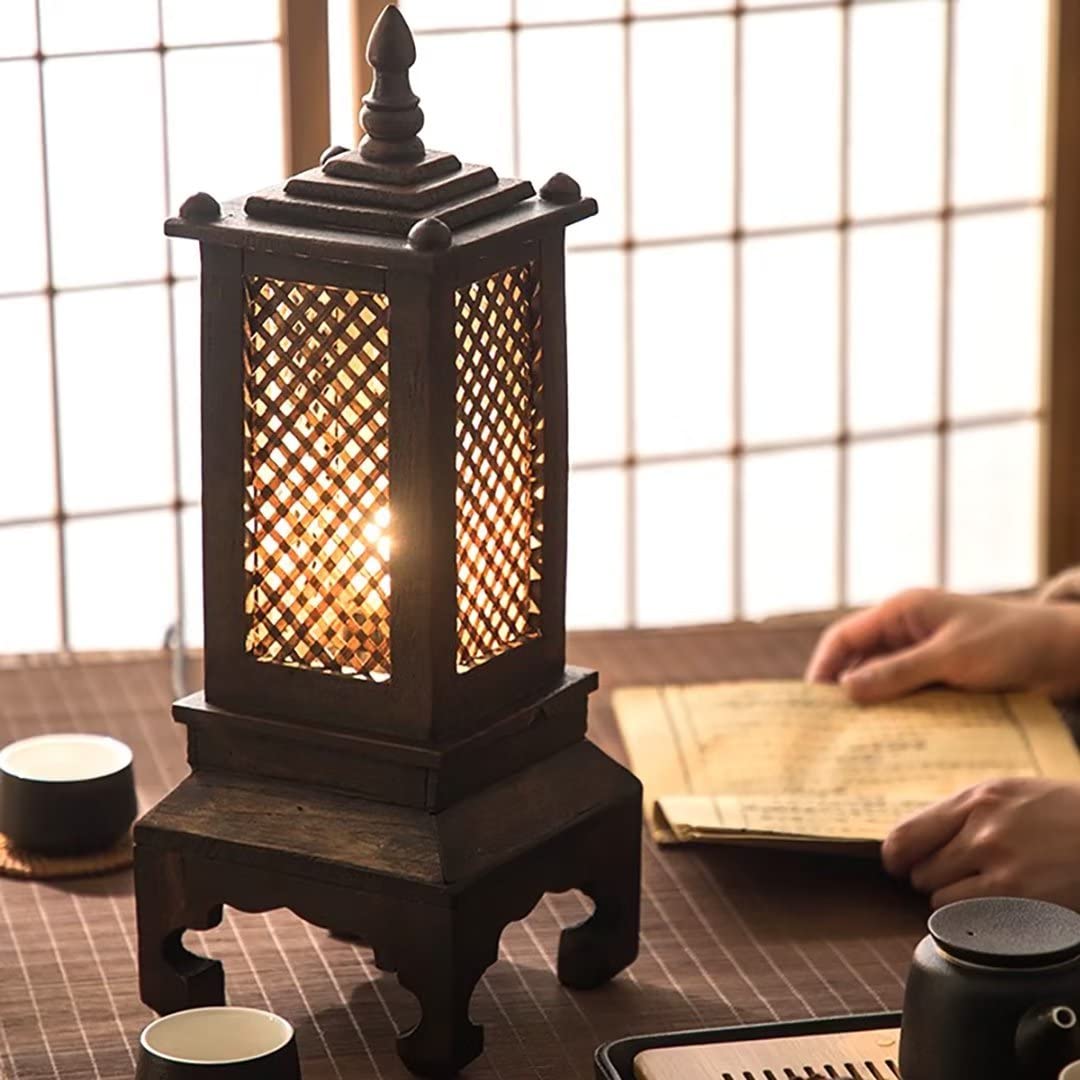 DUNMW Thai Teak Table Lamp Handmade Wooden Bamboo Table Lamp Bedside Lamp, Southeast Asian Style Handicrafts, Ornaments for Bedroom, Living Room, Tea Room