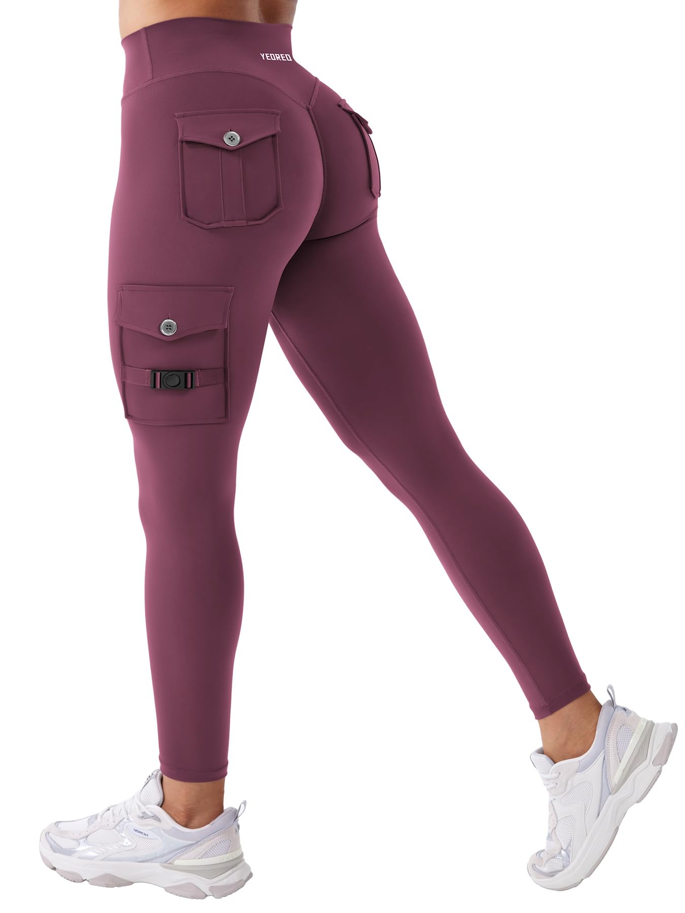 YEOREO Gym Workout Cargo Leggings with 3 Pockets for Women Hidden Scrunch Butt Lifting Yoga Leggings - Small - Black Cherry