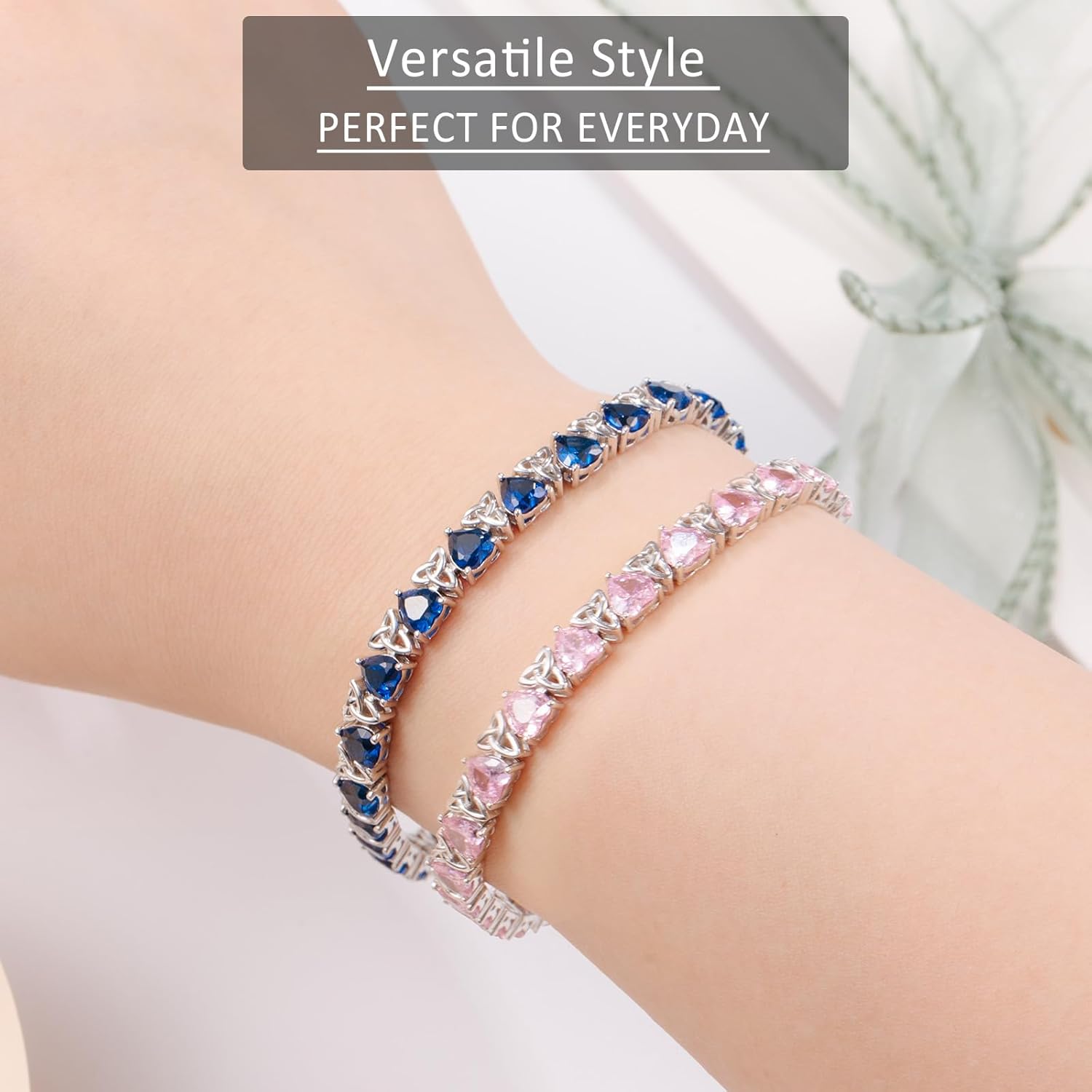 Birthstone Tennis Bracelets for Women, 925 Sterling Silver Heart Shaped Celtic Trinity Knot, 7 Inch Charm Trendy Hypoallergenic Anniversary Birthday Gifts for Her - Image 4