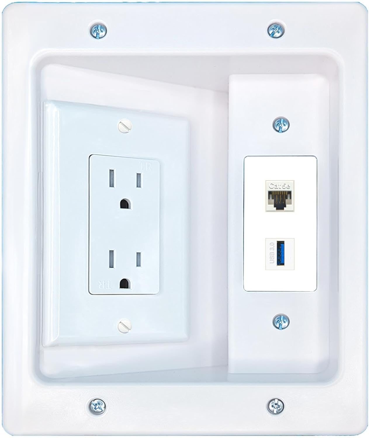RiteAV CAT5E USB-3 Recessed Wall Plate Cable Concealer Management Kit with Power Outlet Hides Cords and Cables