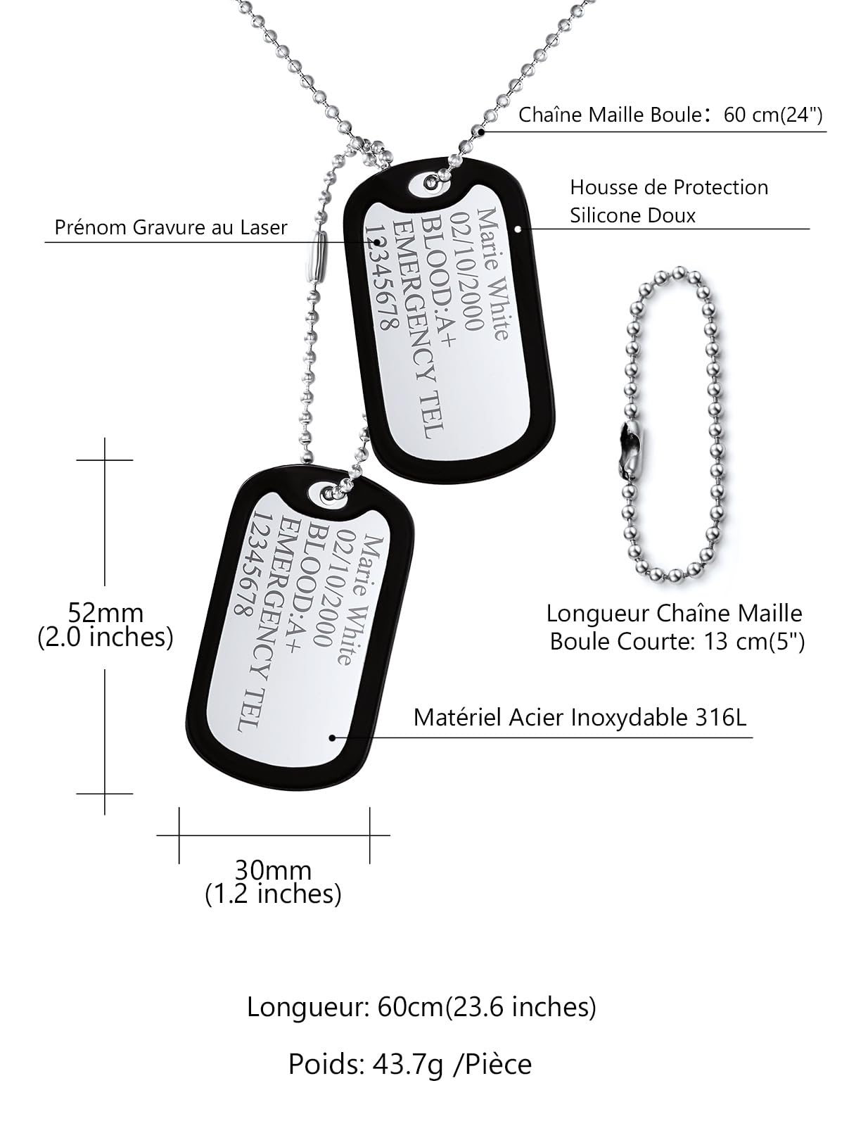 Custom4U Collier Plaque Militaire Personnalisable Homme, Chaîne Militaire Personnalisé, Collier Dog Tag Acier Inoxydable, Bijoux Cadeau pour Lui(Boîte Cadeau)