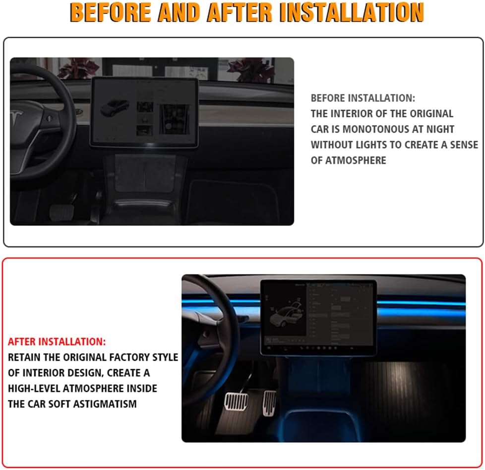 Interior Car LED Strip Lights for Tesla Model 3 Y 2021-2023, Plug-and-Play, 4 Footwell Light Ambient Light with Human Sensor, Center Console Dashboard Inside Car Lighting Decorations