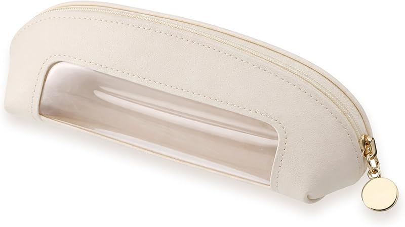 Clear Makeup Brush Bag, PU Leather Portable Small Makeup Bag for Purse Travel Transparent Waterproof Cosmetic Organizer Pouch with Zipper for Women Home Travel Office Cosmetic Storage (Beige)