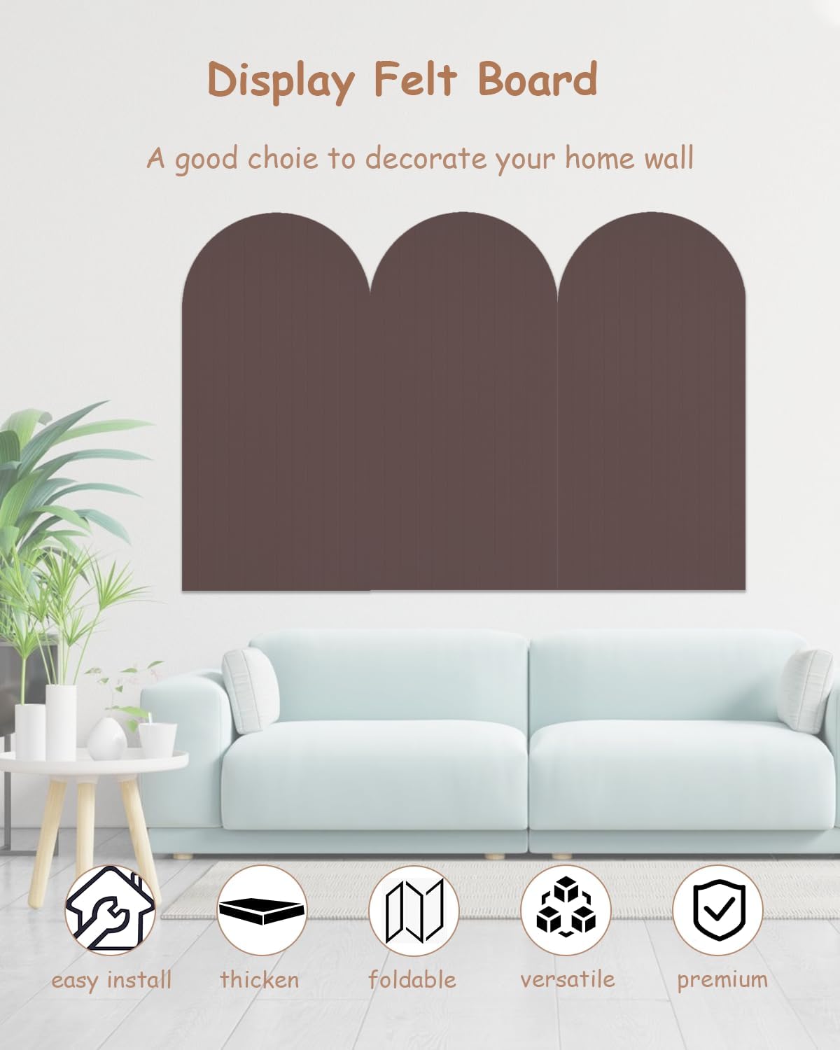 Foldable Bulletin Board 47x24 inches, 0.35" Thick Felt Wall Tiles, Large Cork Board with Adhesive Sticker, Round Edges Wall Panels for Office Bedroom Living Room, Decorative Board (red Coffee)