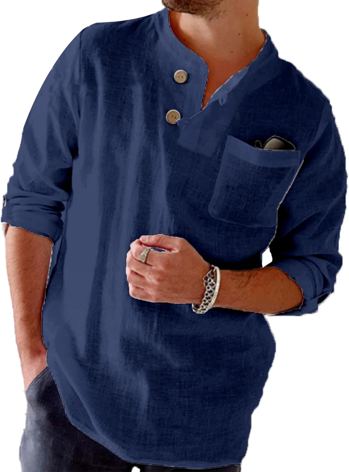 NANAMEEI Henley Shirt Long Sleeve Shirt Men Cotton Linen Tops