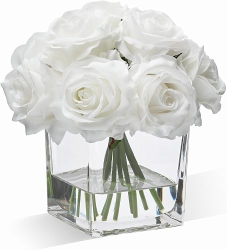 WELL KNOWN White Silk Rose Artificial Flowers in Glass Vase with Faux Water | Table Centerpieces for Home Coffee Table Decor, Fake Roses Flower Arrangements for Office Hotel Lavatory Decor