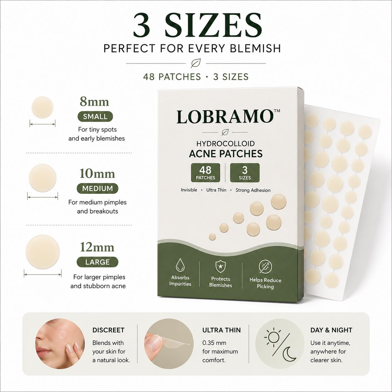 Hydrocolloid Acne Patches, 48 Count, 3 Sizes, Ultra Thin