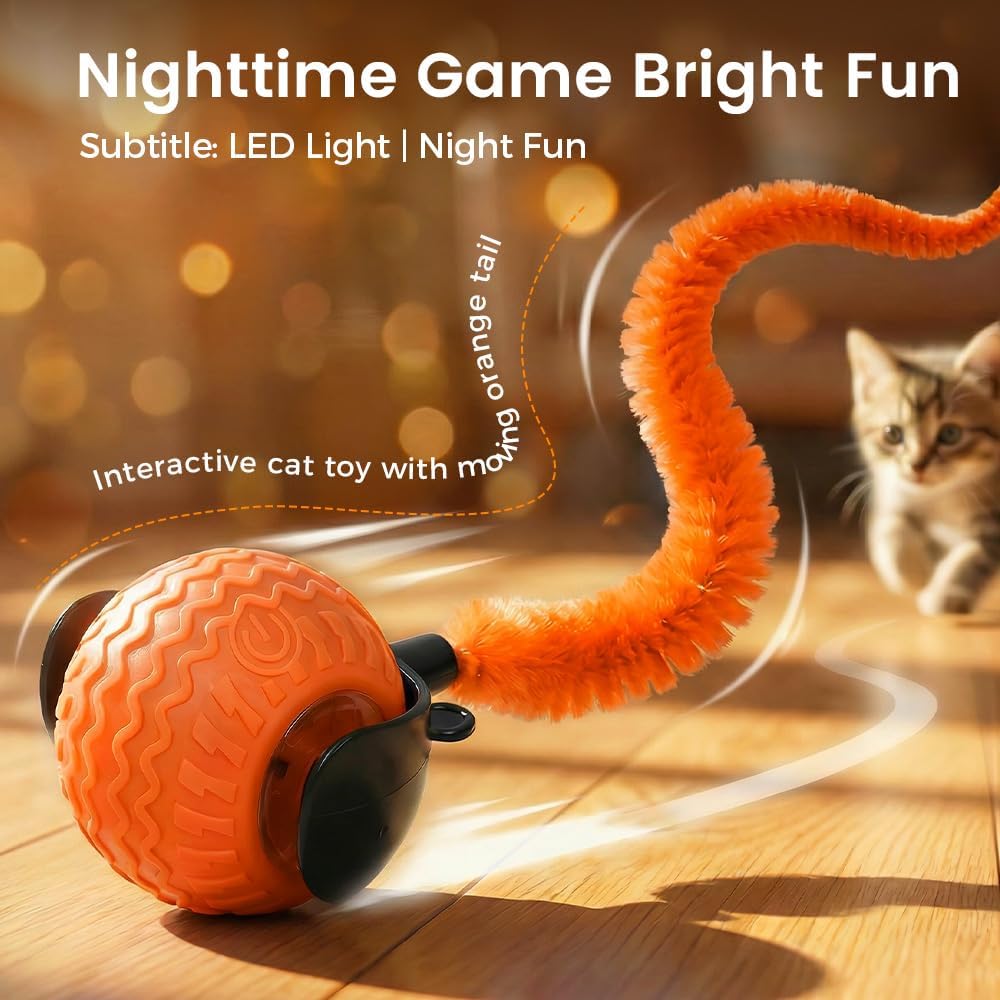 Interactive Toys for Cats, 2026 New Interactive Cat Toy Ball, Automatic Moving Cat Toy for Indoor Use, Rechargeable Feather Tail Cat Toy with Stimulation for Small Medium Large Cats (2 * Orange)