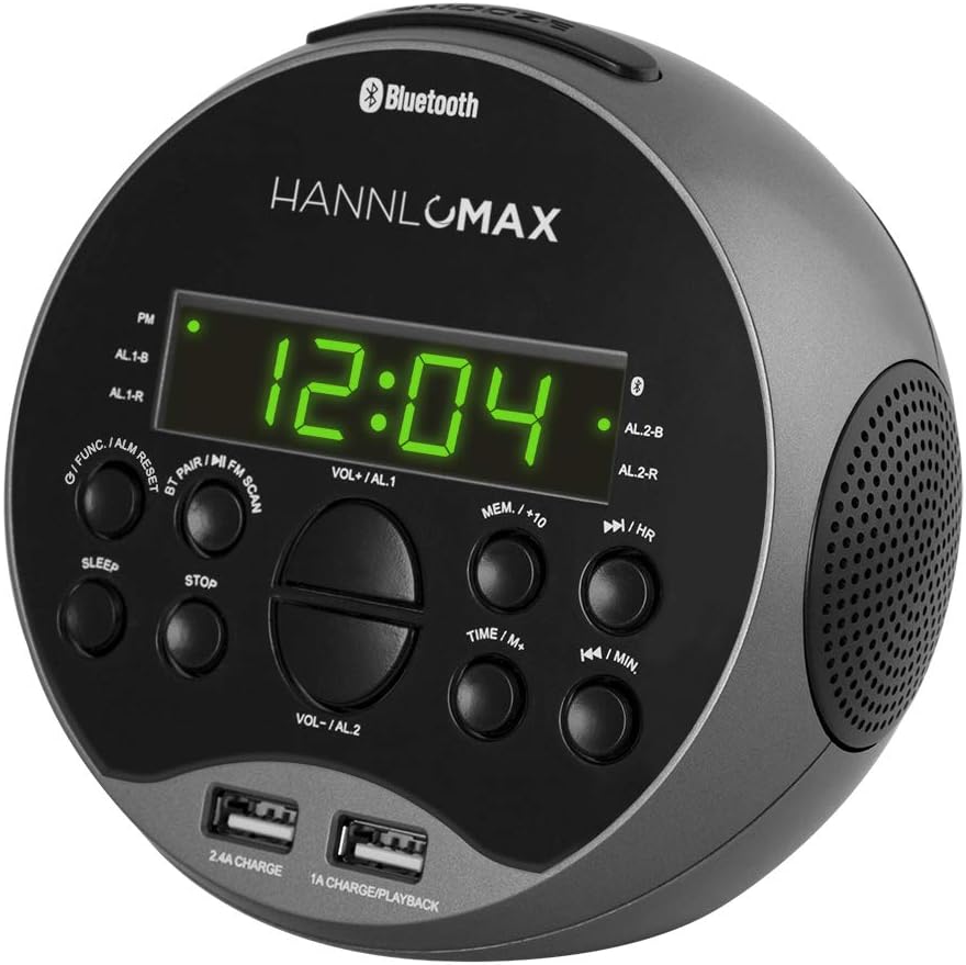 HANNLOMAX HX-129CR Alarm Clock Radio. PLL FM Radio, 0.6″ Inexperienced LED Show, Bluetooth, USB Ports for two.4A & 1A Charging/MP3 Playback (Gray)