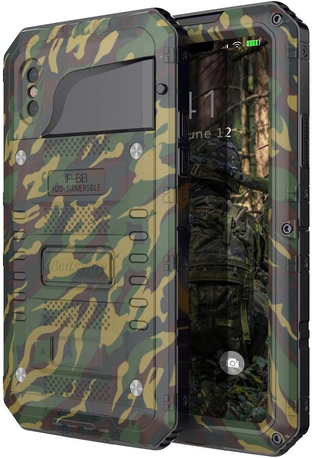 Beasyjoy for iPhone Xs/X / 10 Metal Waterproof Case Aluminum Heavy Duty Strong Phone Cover with Screen Protector Shockproof Drop Proof Rugged Durable Hard Military Grade Camo/Camouflage