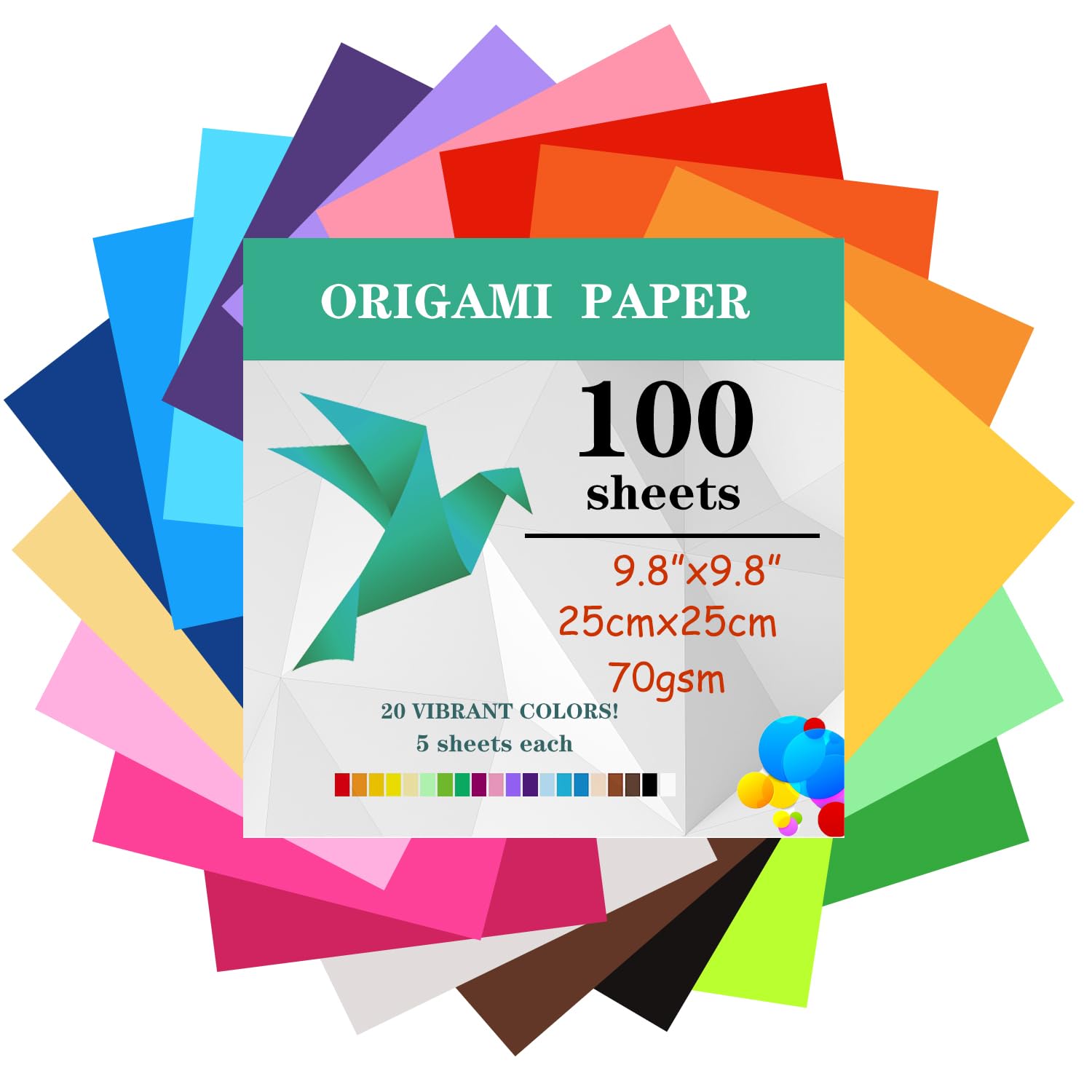 100 Sheets Origami Paper, 25x25 cm/10 Inch Origami Paper Double Sided(70gsm), 20 Colors Large Origami Paper Squares for Kids DIY School Arts Crafts