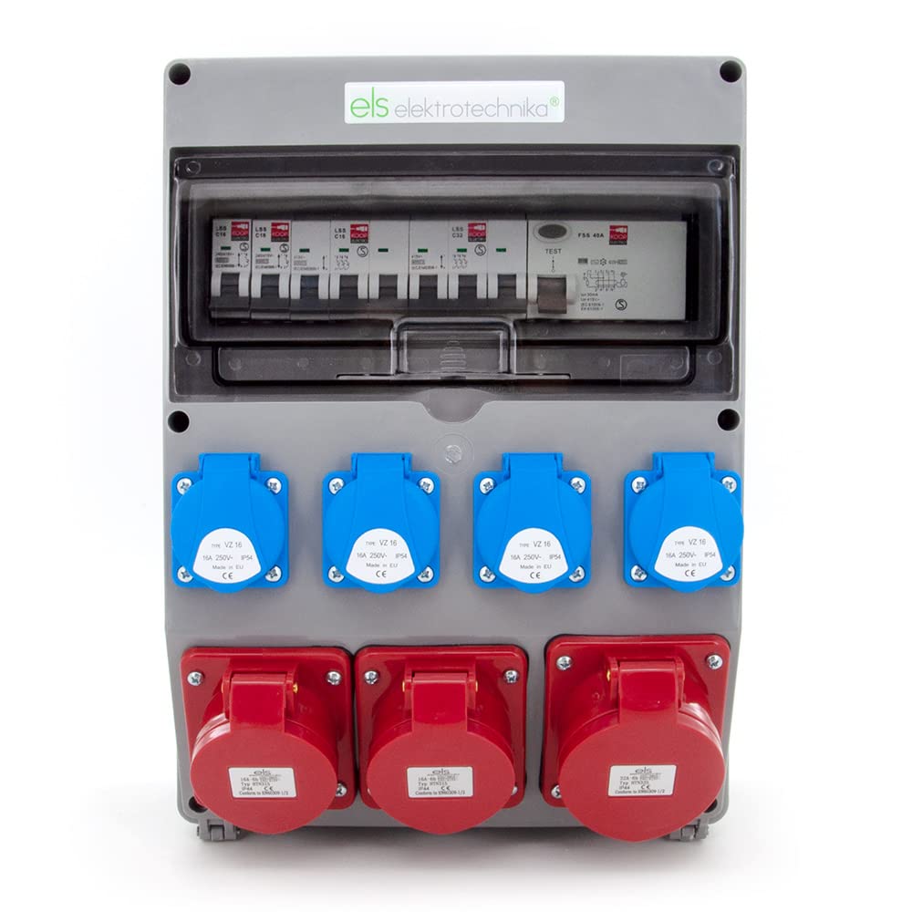 ELS Elektrotechnika Distribuidor de pared con interruptor FI y Schuko 4 x 230 V + 2 interruptores LS, 2 x CEE 16 A, 1 x CEE 32 A, enchufes, asegurado, cableado, listo para conectar para garaje,
