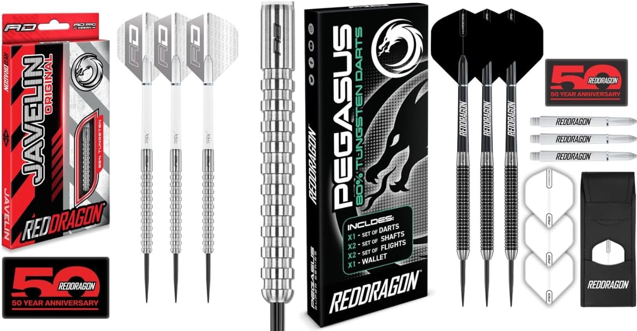 RED DRAGON Javelin + Pegasus 24g Tungsten Steel Tip Darts Bundle – Two 80% Tungsten Dart Sets with Flights, Stems - 6 Darts Total