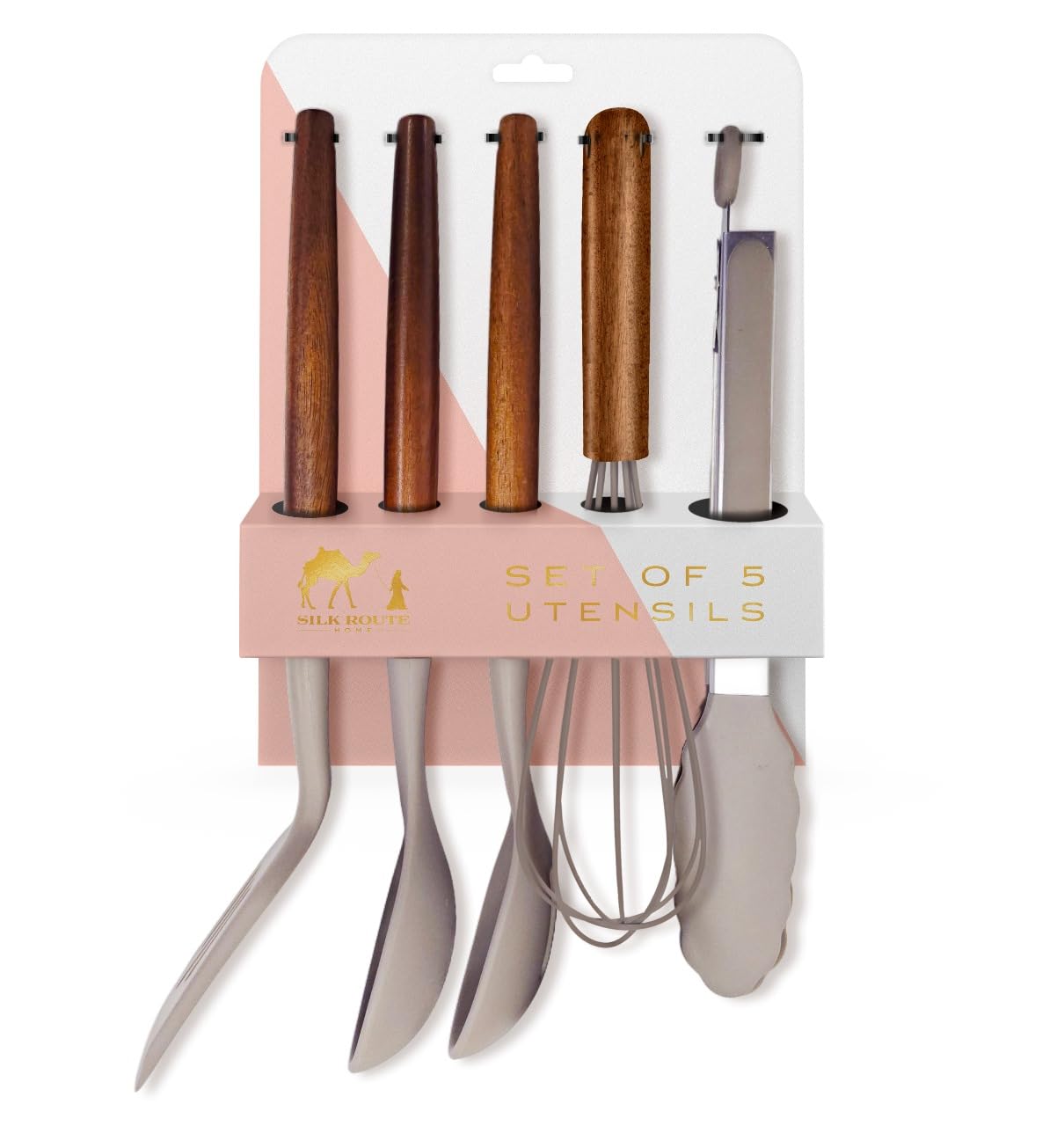 Silk Route Home - Juego de 5 utensilios de cocina de madera de acacia y silicona gris; pinzas, batidor, cuchara ranurada, cuchara y espátula ranurada