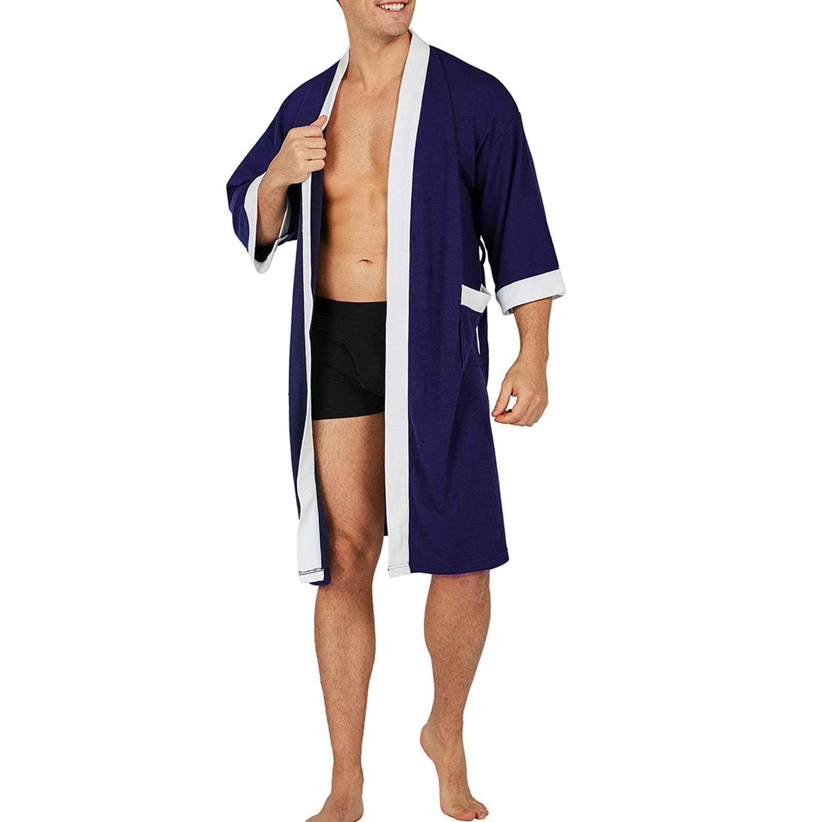 Cretuao Men's Blue Summer Dressing Gowns Lightweight, 100% Cotton Dry Kimono Robe For Waffle Towelling Bathrobes Fluffy House Coat,,L
