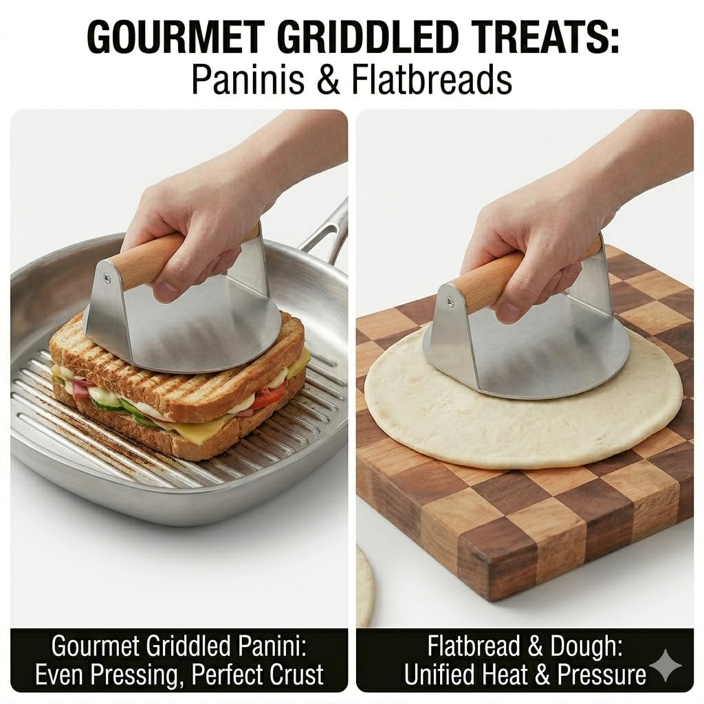 Pressa per Hamburger in Acciaio Inox Ø 14 cm, Schiacciacarne Professionale con Manico in Legno incl. 50 Dischi di Carta Forno, Smash Burger Press per Grill e Padella, Ideale per Steak, Bacon e Panini