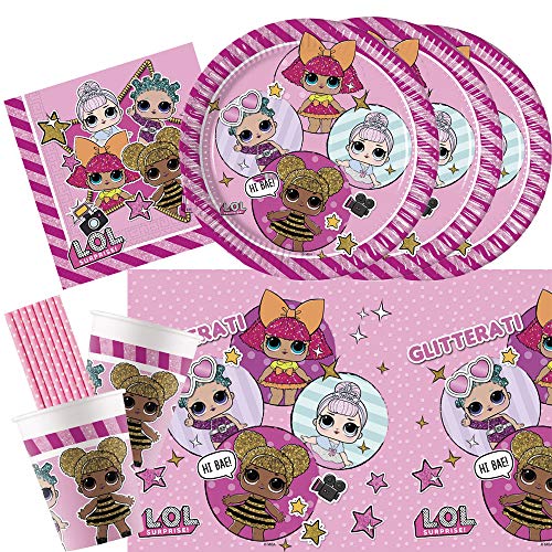 spielum 45-teiliges Party-Set L.O.L. Surprise - Teller Pappbecher Servietten Tischdecke Trinkhalme für 8 Kinder