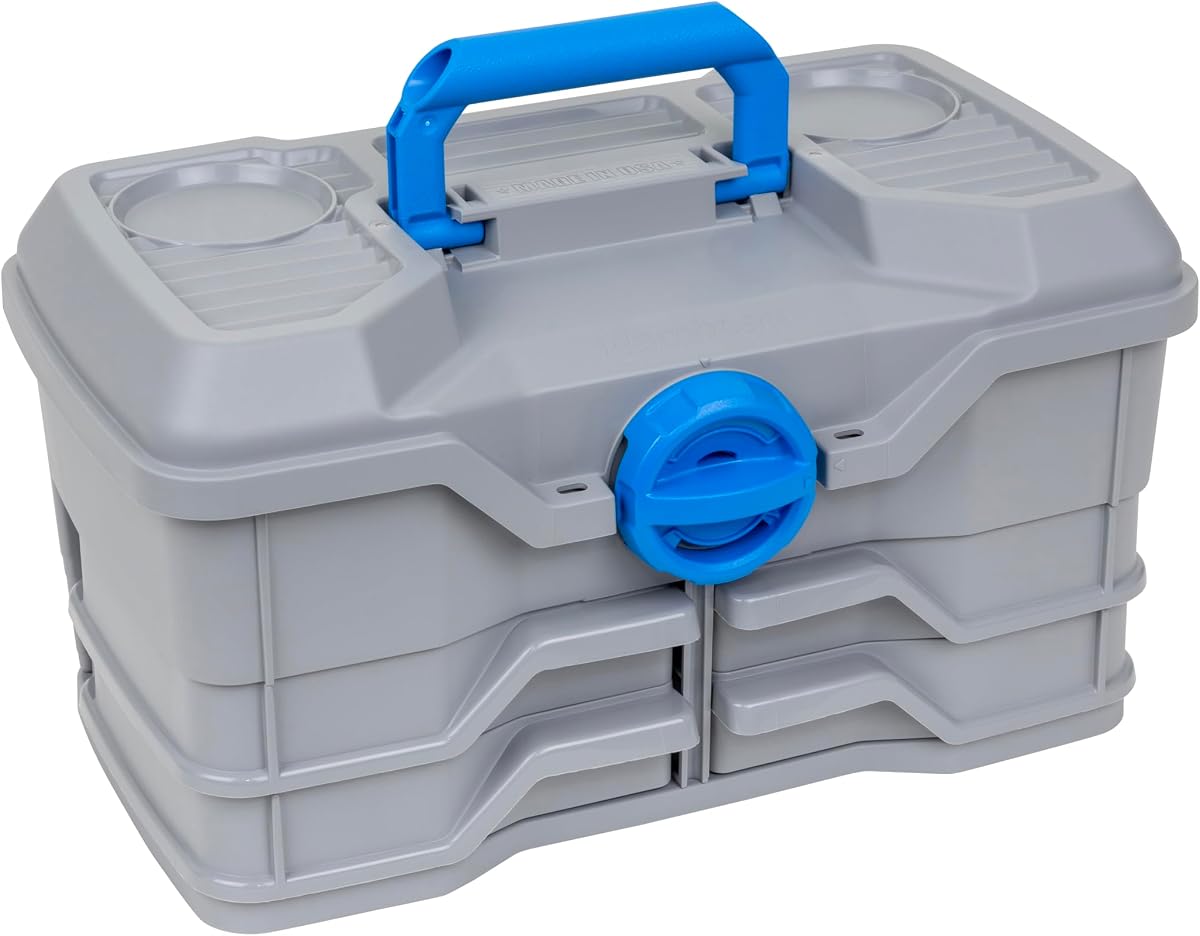 Flambeau Outdoors NextGen 4/0 Tackle Box, 4 Pivot Trays, 25-Piece Kit, Gray | 4 pivoting swing trays with single-finger access, 23 compartments, bulk top storage, 25-piece tackle kit included