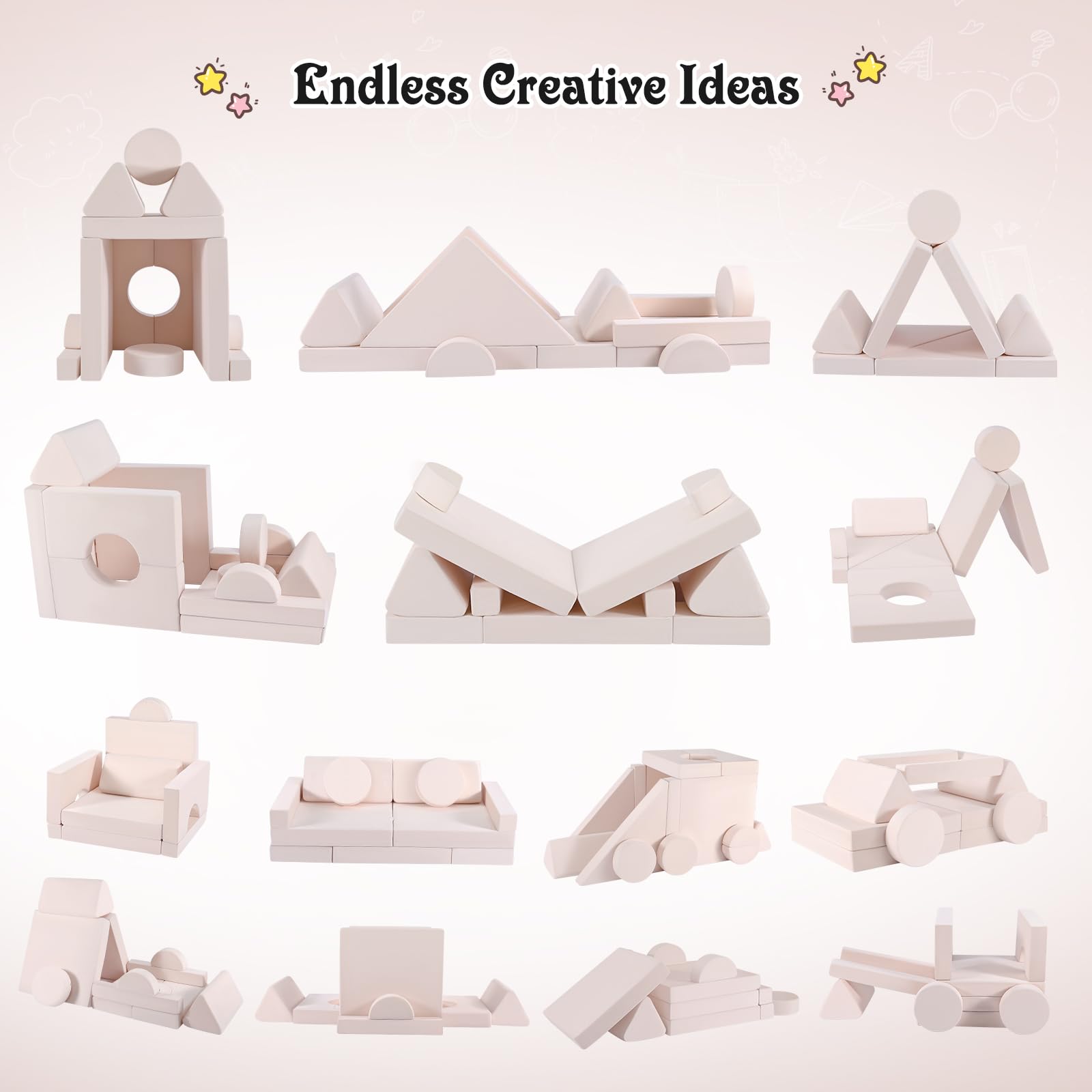 14-teiliges Modulares Spielsofa Beige, DIY Kindercouch mit Waschbaren Bezügen, Weiches Schaumstoff-Sofa, Flexibel Umbau bar für Kinderzimmer & Wohnzimmer