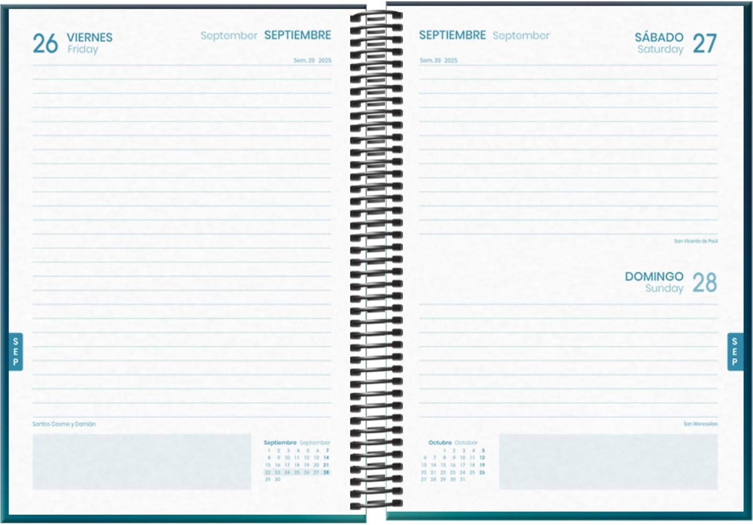 Dohe - School Planner 2025 2026 - One Day to a Page, Size A5 (15 x 21 cm), Spanish and English, September to June, Spiral Binding and Elastic Band, Hard Cover, 4 Sticker Pages - Prime Boreal