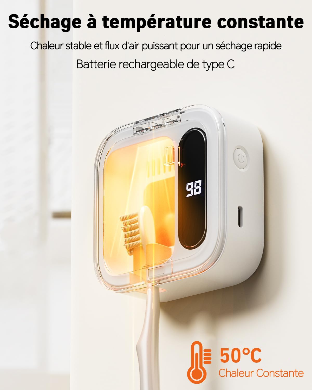 Stérilisateur de Brosses à Dents Double UV-C et UV-A, Support de Brosse à Dents Mural avec Fonction de Sèchage par Air, Idéal pour Salle de Bain, Usage Personnel et Voyage (Blanc1)