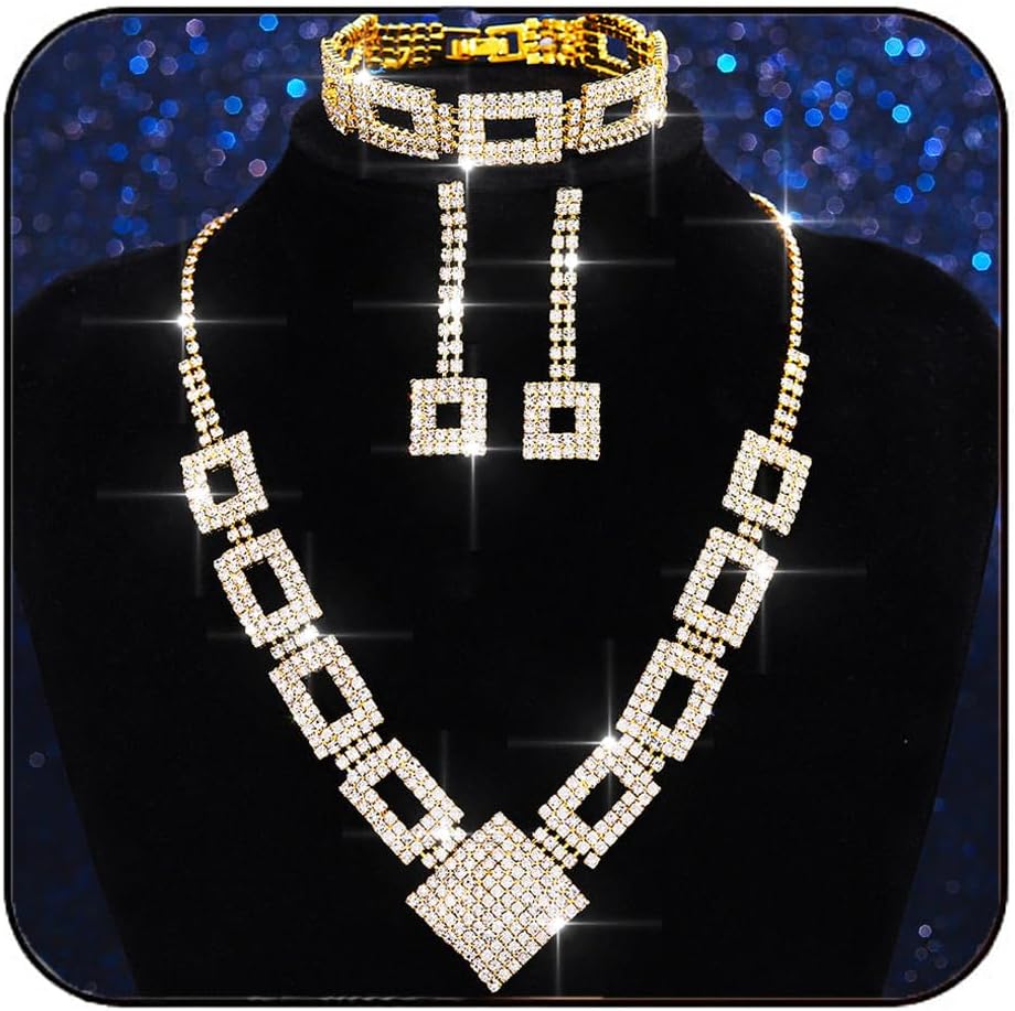 Aukmla Bridal Wedding Jewelry Sets Rhinestone Necklace Earrings Bracelet Set Prom Formal Jewelry for Women